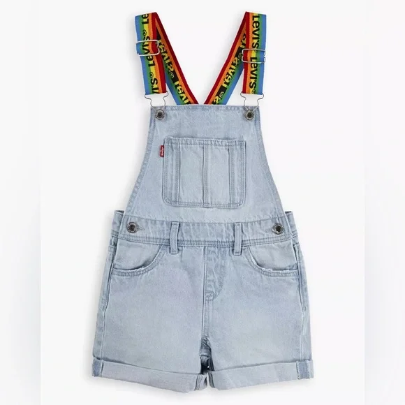 Levi's LITTLE GIRLS DENIM SHORTALLS Blue Denim Overalls with Colorful Straps - Picture 1 of 11